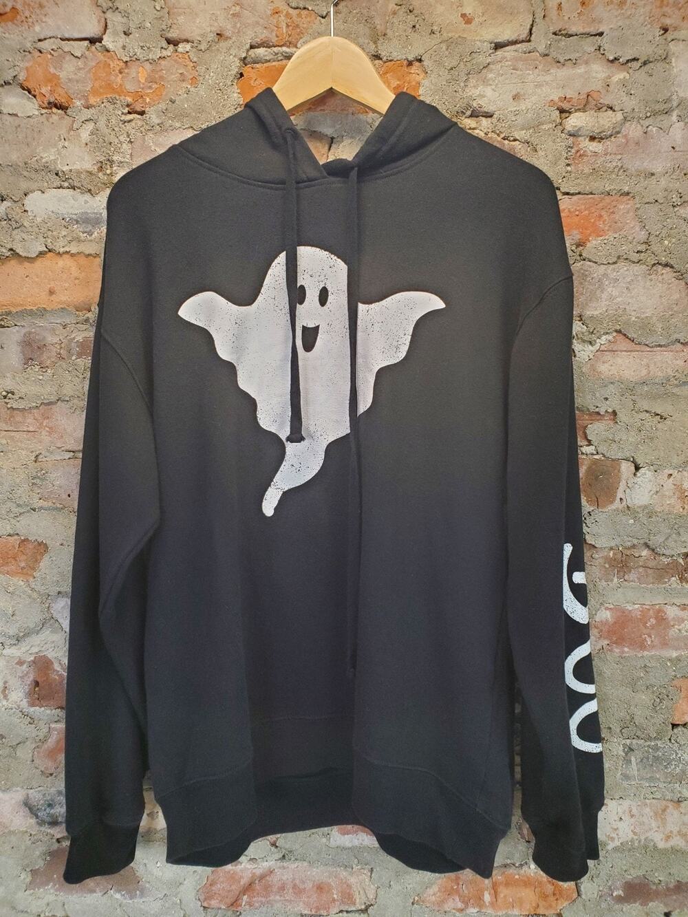 Halloween Hoodie Sz M Black Ghost Graphic Print Pullover Cotton Poly Sweatshirt